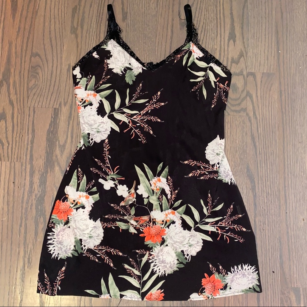 Floral Print Slip Dress with Lace Trim